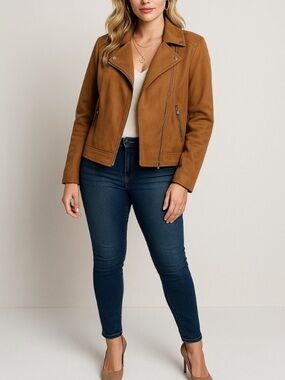 Brown Faux Suede Moto Jacket with Notched Lapel & Zipper Closure